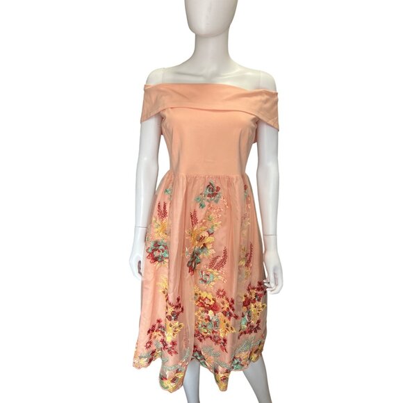 Gianni Bini Off-The-Shoulder Peach Dress Floral Embroidery & Scalloped Hem Sz S - Picture 1 of 9